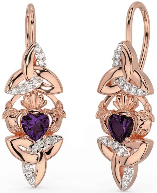 Diamond Alexandrite Rose Gold Claddagh Celtic Trinity Knot Dangle Earrings