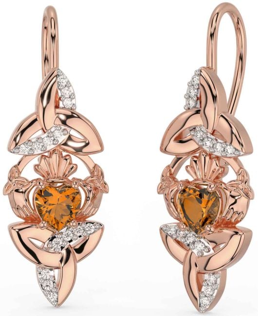 Diamond Citrine Rose Gold Claddagh Celtic Trinity Knot Dangle Earrings