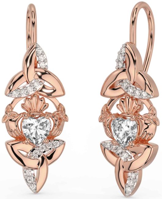 Diamond Rose Gold Claddagh Celtic Trinity Knot Dangle Earrings