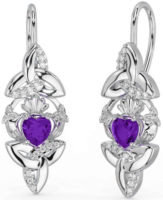 Diamond Amethyst Silver Claddagh Celtic Trinity Knot Dangle Earrings