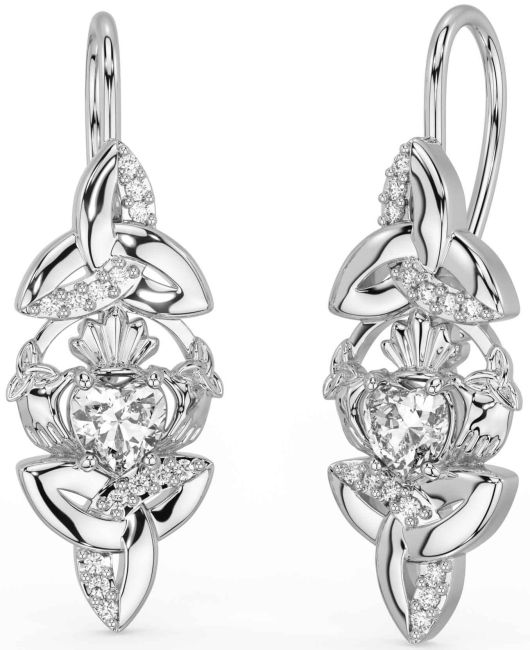 Diamond Silver Claddagh Celtic Trinity Knot Dangle Earrings