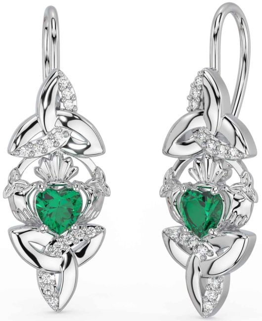 Diamond Emerald Silver Claddagh Celtic Trinity Knot Dangle Earrings