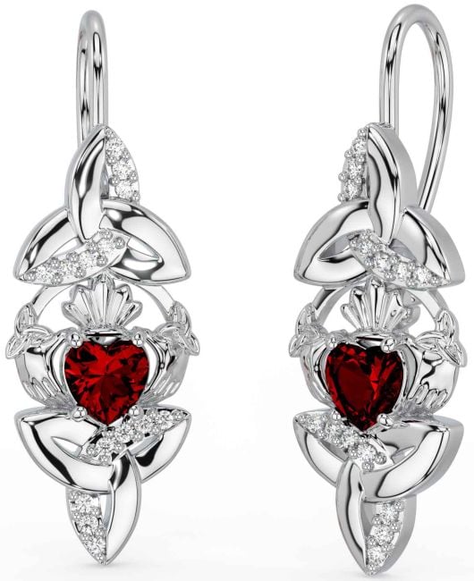 Diamond Garnet Silver Claddagh Celtic Trinity Knot Dangle Earrings