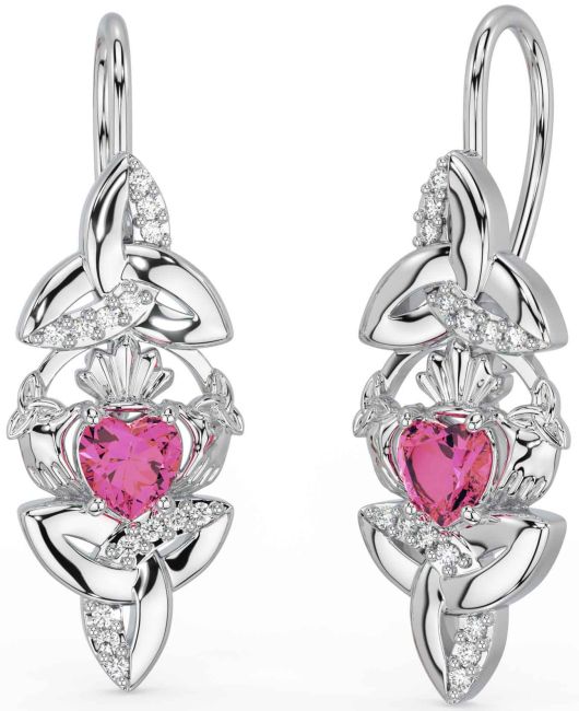 Diamond Pink Tourmaline Silver Claddagh Celtic Trinity Knot Dangle Earrings