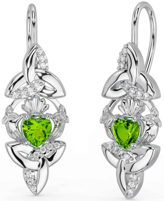 Diamond Peridot Silver Claddagh Celtic Trinity Knot Dangle Earrings