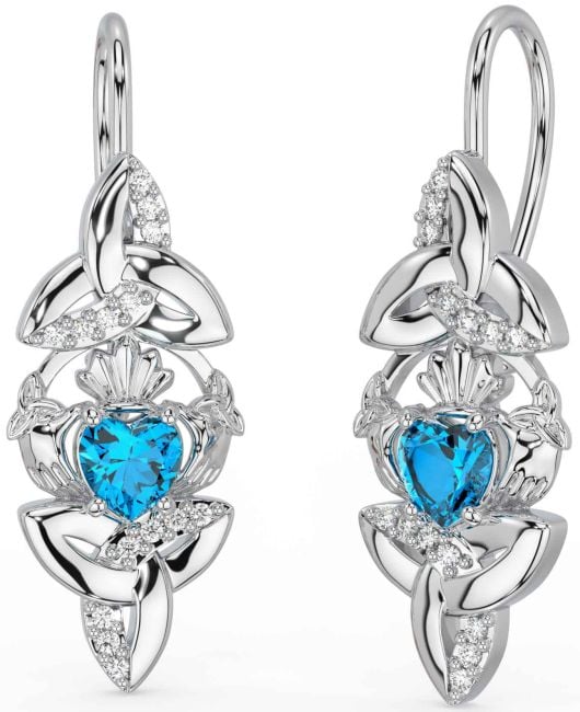 Diamond Topaz Silver Claddagh Celtic Trinity Knot Dangle Earrings