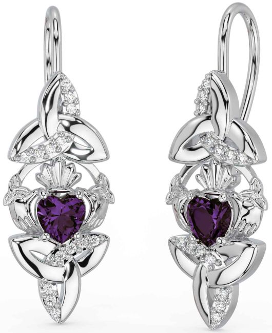 Diamond Alexandrite White Gold Claddagh Celtic Trinity Knot Dangle Earrings