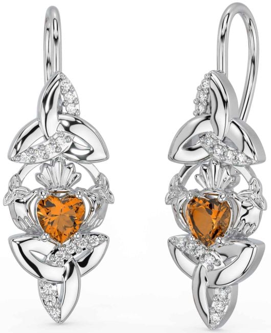 Diamond Citrine White Gold Claddagh Celtic Trinity Knot Dangle Earrings