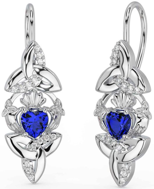 Diamond Sapphire White Gold Claddagh Celtic Trinity Knot Dangle Earrings