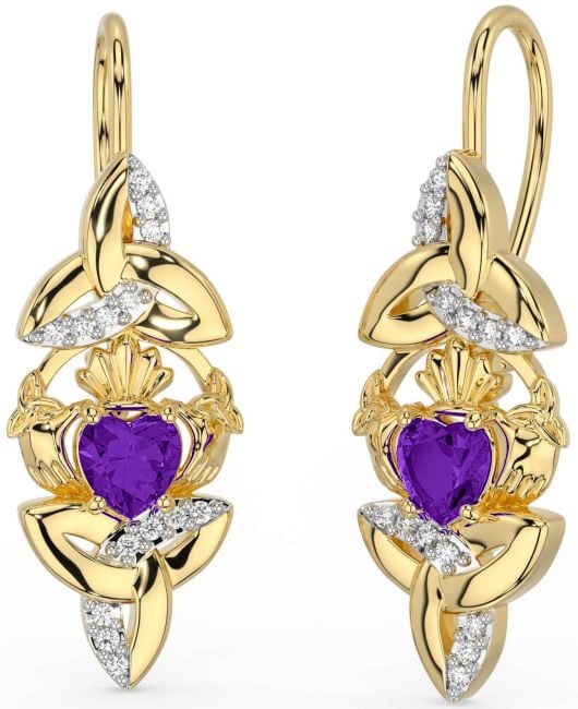 Diamond Amethyst Gold Claddagh Celtic Trinity Knot Dangle Earrings