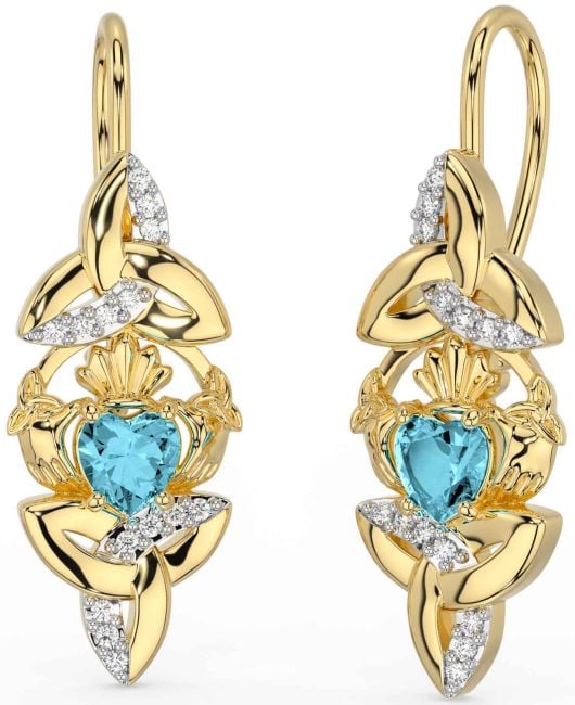 Diamond Aquamarine Gold Claddagh Celtic Trinity Knot Dangle Earrings