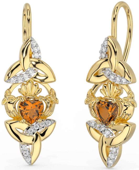 Diamond Citrine Gold Claddagh Celtic Trinity Knot Dangle Earrings