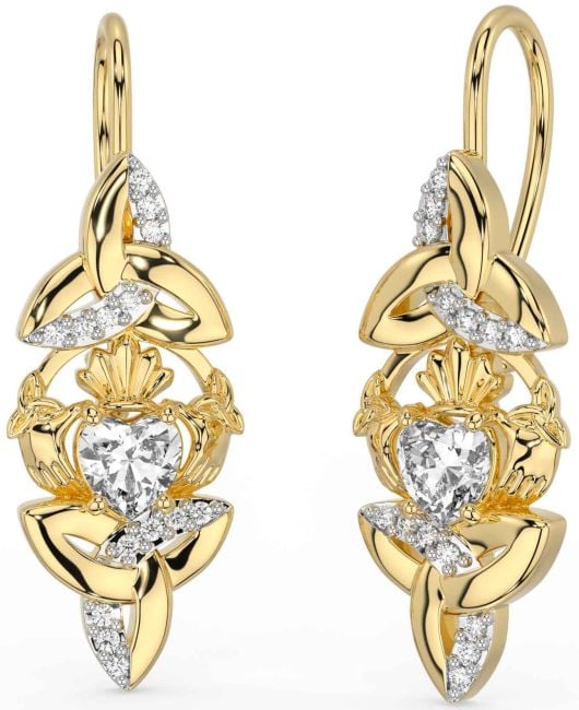 Diamond Gold Claddagh Celtic Trinity Knot Dangle Earrings