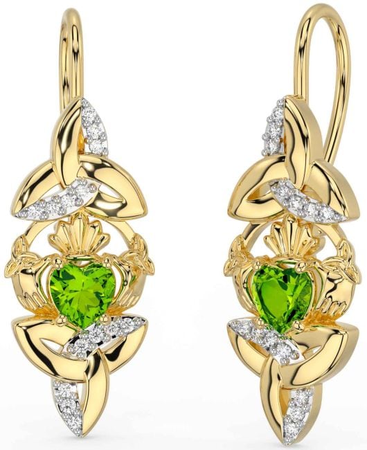 Diamond Peridot Gold Claddagh Celtic Trinity Knot Dangle Earrings