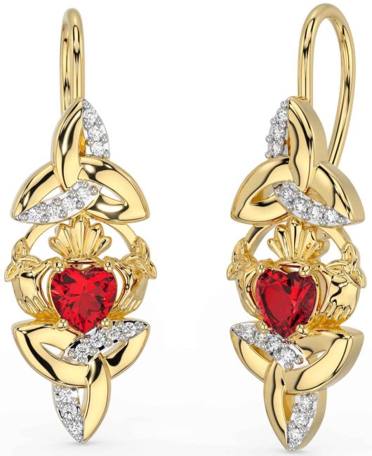 Diamond Ruby Gold Claddagh Celtic Trinity Knot Dangle Earrings