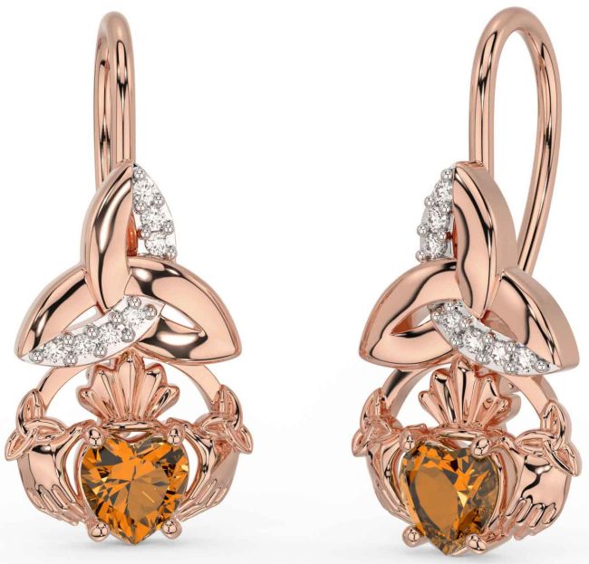 Diamond Citrine Rose Gold Silver Claddagh Celtic Trinity Knot Dangle Earrings