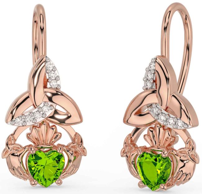 Diamond Peridot Rose Gold Silver Claddagh Celtic Trinity Knot Dangle Earrings