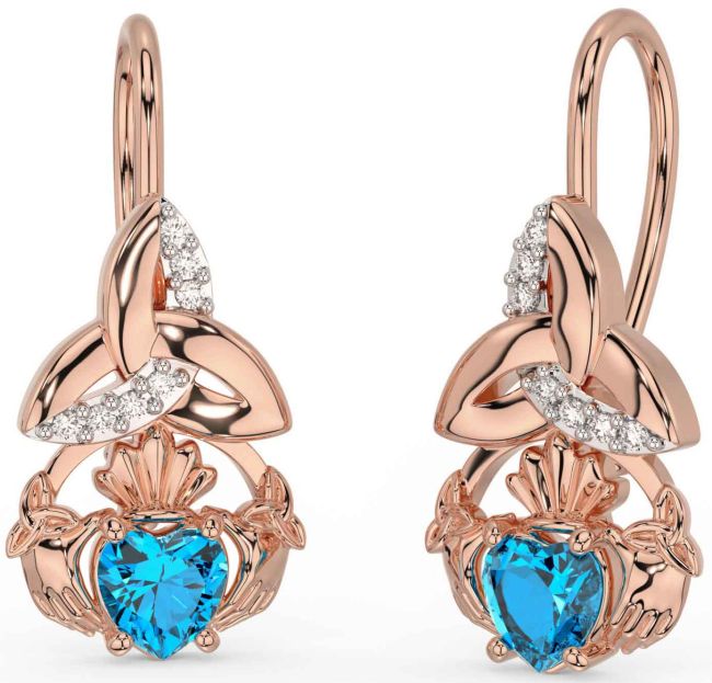 Diamond Topaz Rose Gold Silver Claddagh Celtic Trinity Knot Dangle Earrings