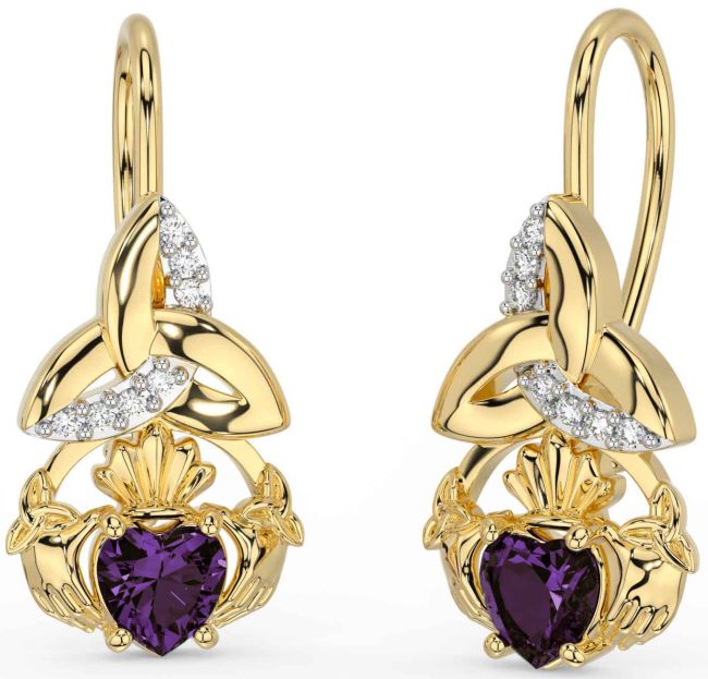 Diamond Alexandrite Gold Silver Claddagh Celtic Trinity Knot Dangle Earrings