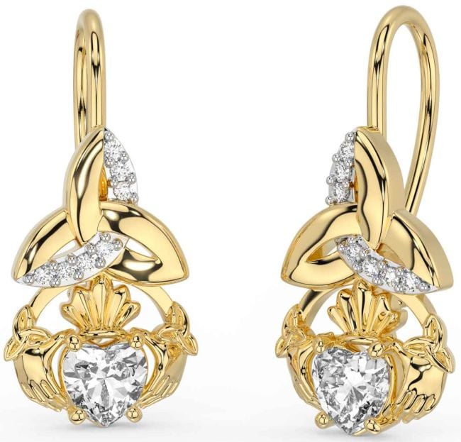 Diamond Gold Silver Claddagh Celtic Trinity Knot Dangle Earrings