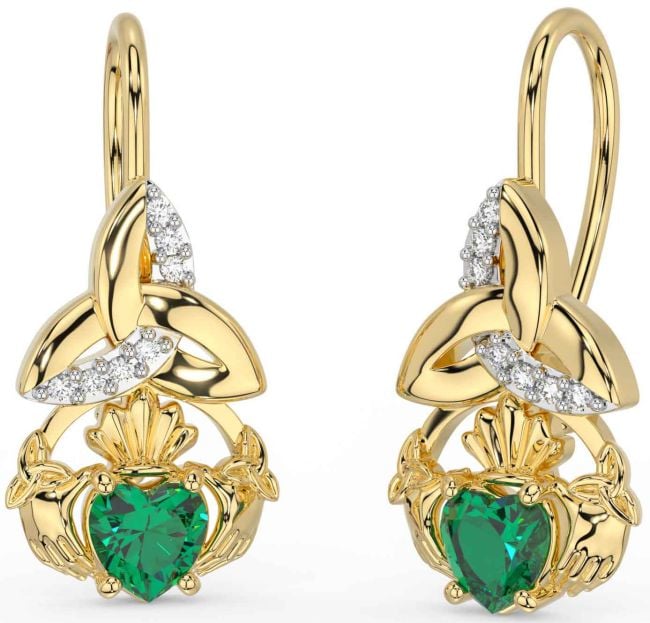 Diamond Emerald Gold Silver Claddagh Celtic Trinity Knot Dangle Earrings