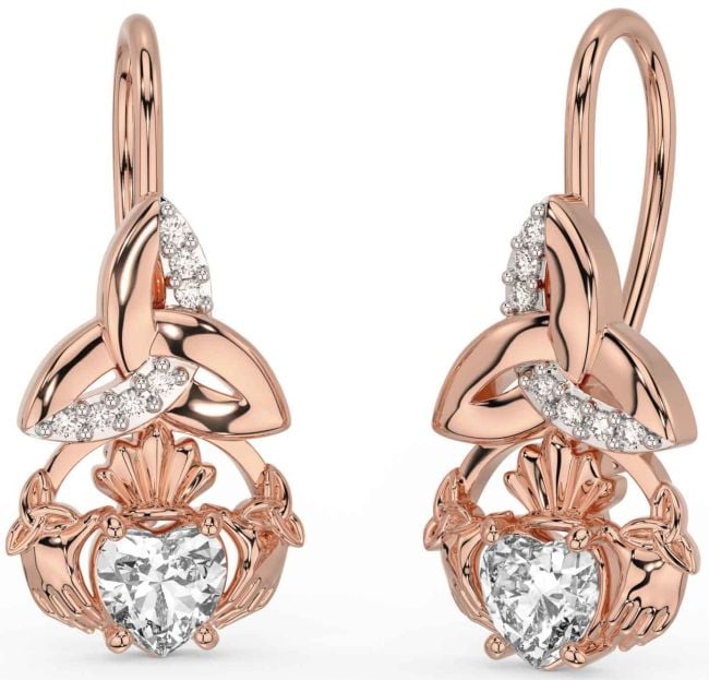 Diamond Rose Gold Claddagh Celtic Trinity Knot Dangle Earrings