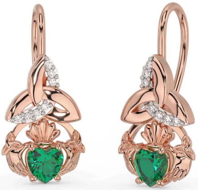 Diamond Emerald Rose Gold Claddagh Celtic Trinity Knot Dangle Earrings