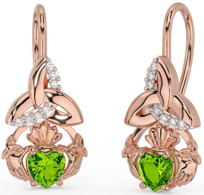 Diamond Peridot Rose Gold Claddagh Celtic Trinity Knot Dangle Earrings