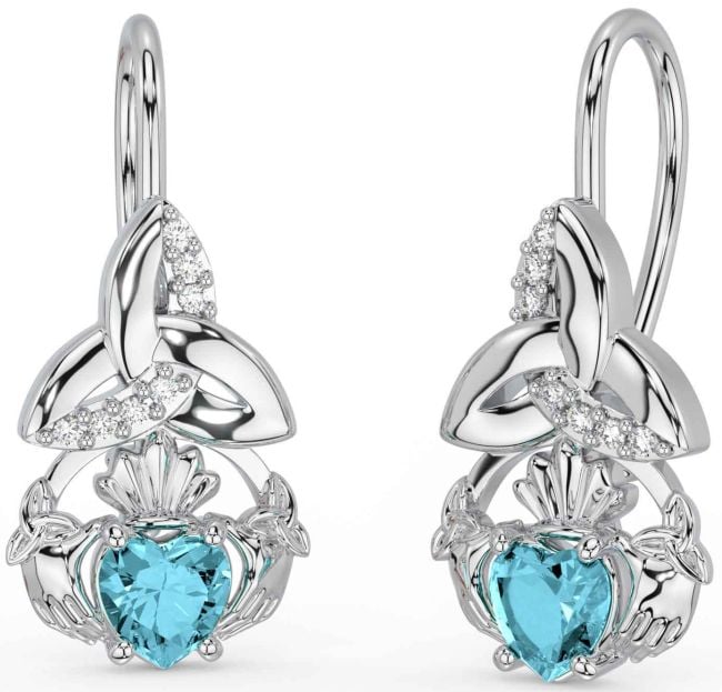 Diamond Aquamarine Silver Claddagh Celtic Trinity Knot Dangle Earrings