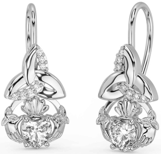 Diamond Silver Claddagh Celtic Trinity Knot Dangle Earrings