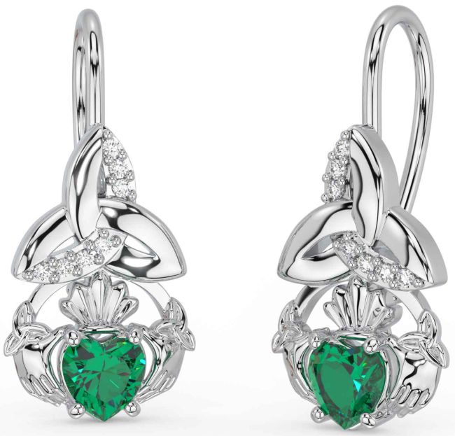 Diamond Emerald Silver Claddagh Celtic Trinity Knot Dangle Earrings