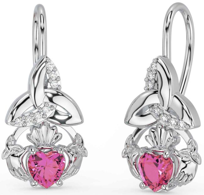 Diamond Pink Tourmaline Silver Claddagh Celtic Trinity Knot Dangle Earrings