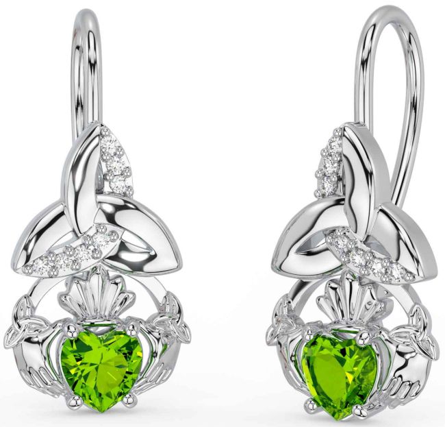 Diamond Peridot Silver Claddagh Celtic Trinity Knot Dangle Earrings