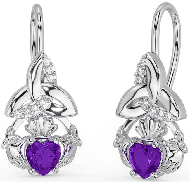 Diamond Amethyst White Gold Claddagh Celtic Trinity Knot Dangle Earrings