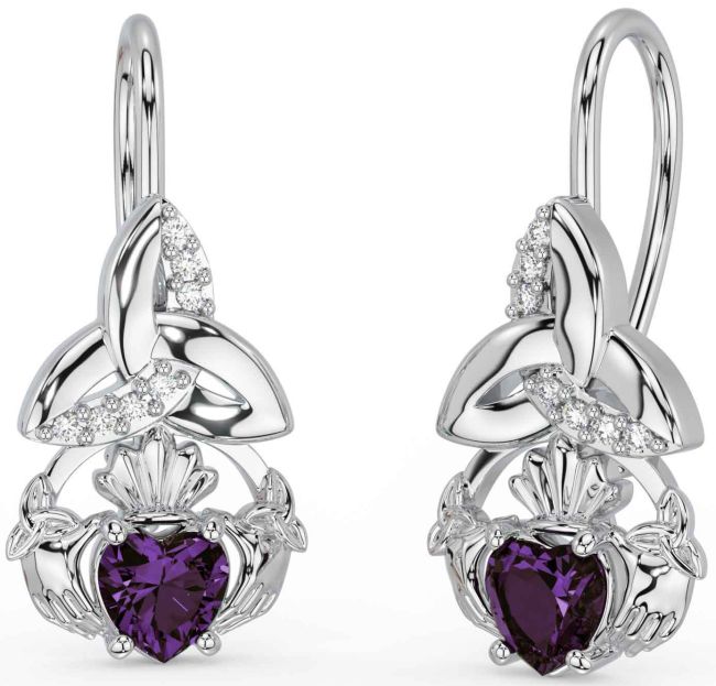 Diamond Alexandrite White Gold Claddagh Celtic Trinity Knot Dangle Earrings