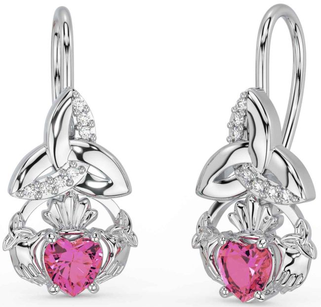 Diamond Pink Tourmaline White Gold Claddagh Celtic Trinity Knot Dangle Earrings