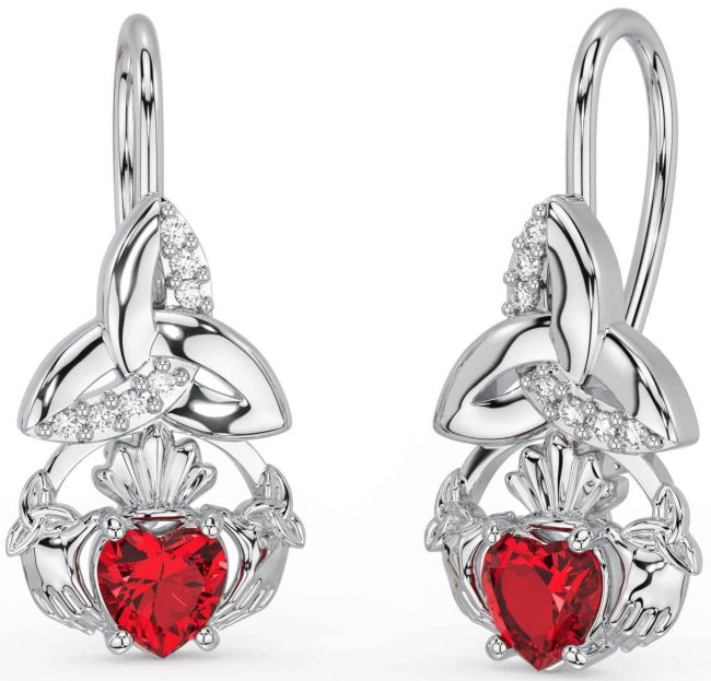 Diamond Ruby White Gold Claddagh Celtic Trinity Knot Dangle Earrings