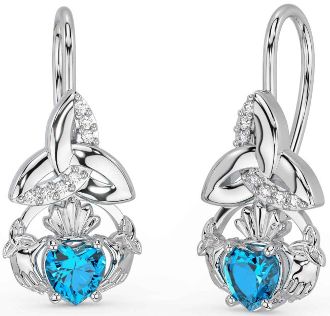 Diamond Topaz White Gold Claddagh Celtic Trinity Knot Dangle Earrings
