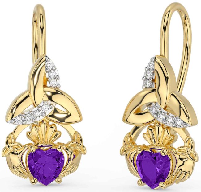 Diamond Amethyst Gold Claddagh Celtic Trinity Knot Dangle Earrings