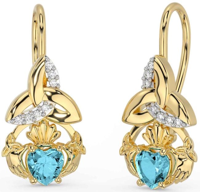 Diamond Aquamarine Gold Claddagh Celtic Trinity Knot Dangle Earrings