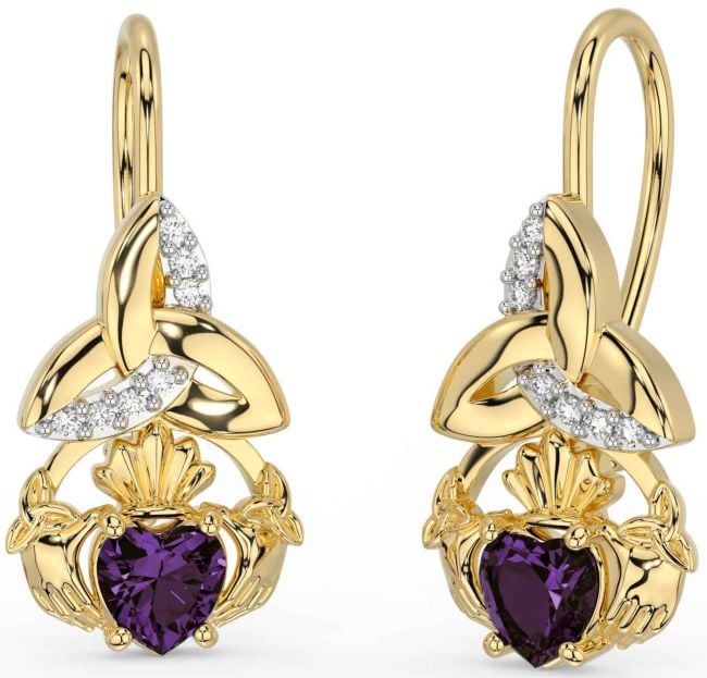 Diamond Alexandrite Gold Claddagh Celtic Trinity Knot Dangle Earrings