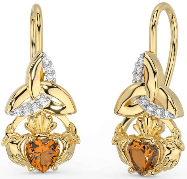 Diamond Citrine Gold Claddagh Celtic Trinity Knot Dangle Earrings