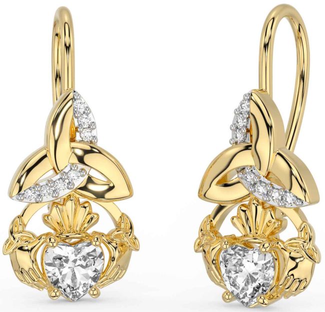 Diamond Gold Claddagh Celtic Trinity Knot Dangle Earrings