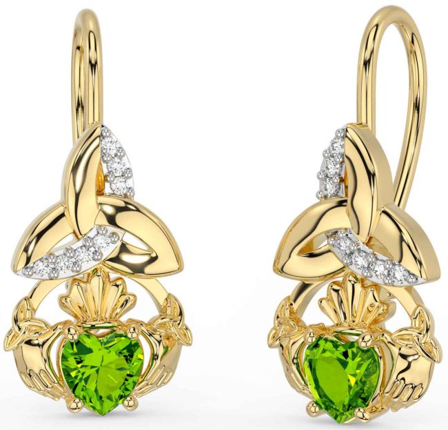 Diamond Peridot Gold Claddagh Celtic Trinity Knot Dangle Earrings