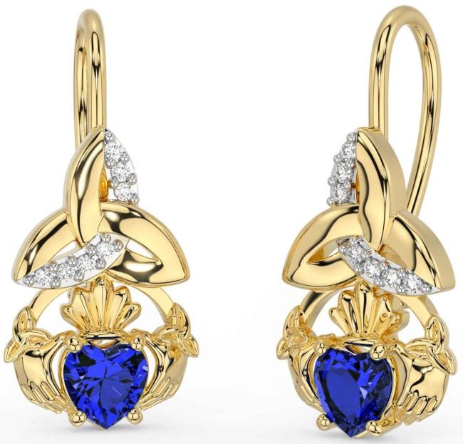 Diamond Sapphire Gold Claddagh Celtic Trinity Knot Dangle Earrings