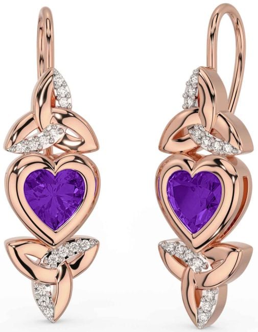 Diamond Amethyst Rose Gold Silver Celtic Trinity Knot Heart Dangle Earrings