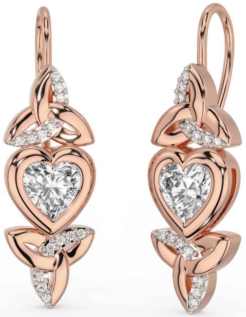 Diamond Rose Gold Silver Celtic Trinity Knot Heart Dangle Earrings