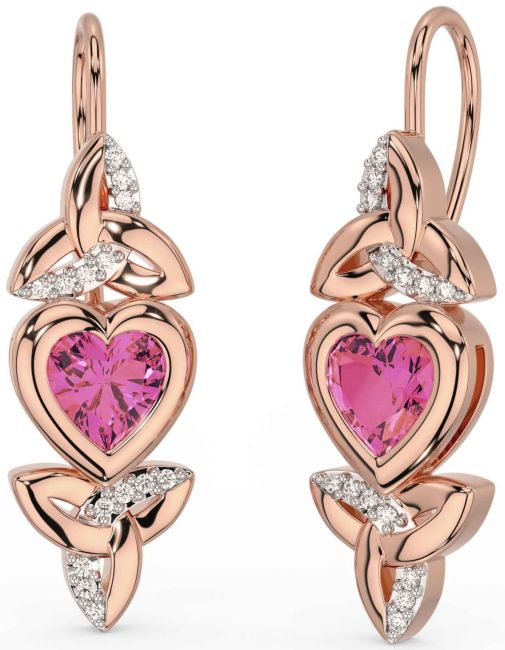 Diamond Pink Tourmaline Rose Gold Silver Celtic Trinity Knot Heart Dangle Earrings