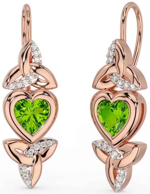 Diamond Peridot Rose Gold Silver Celtic Trinity Knot Heart Dangle Earrings