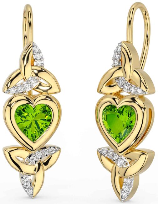 Diamond Peridot Gold Silver Celtic Trinity Knot Heart Dangle Earrings